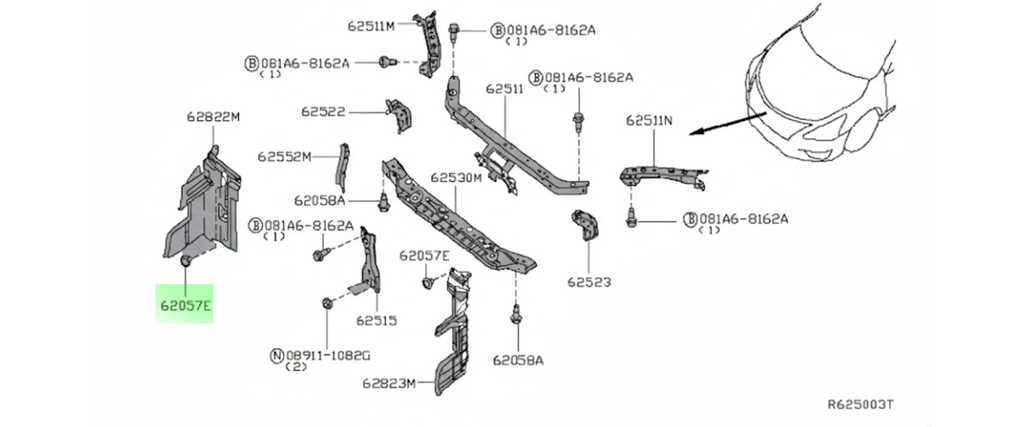 TOLVA RADIADOR DEFLECTOR DE AIRE NISSAN SENTRA 2013 AL 2016 DEL DER DESMONTADO ORIGINAL COD. 62822-3SH0A