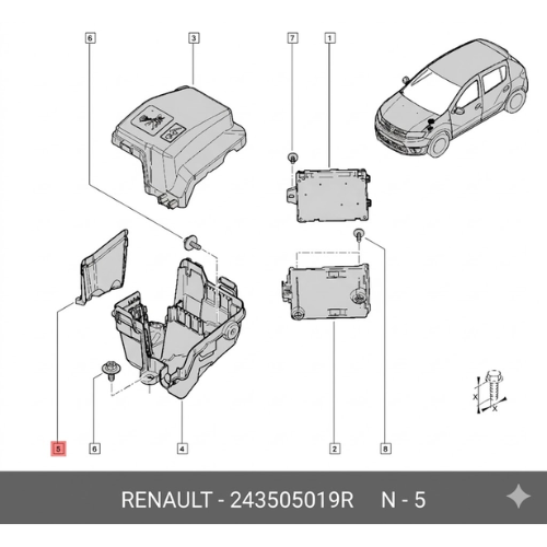 TAPA CAJA FUSIBLES RENAULT LOGAN 2013 AL 2022/ SANDERO 2014 AL 2022/ DUSTER 2016 AL 2021 1.6L ORIGINAL COD 243505019R