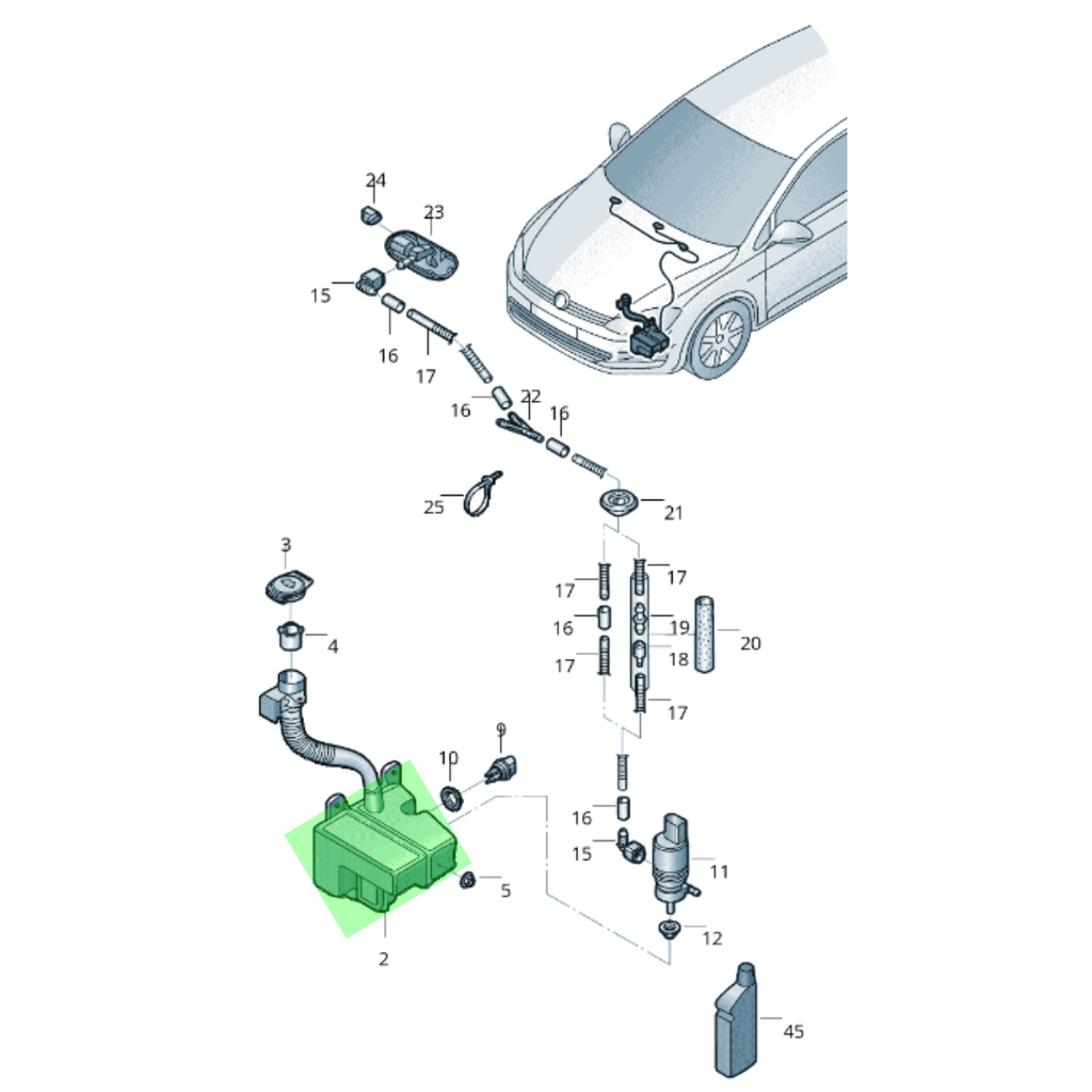 DEPOSITO LIMPIAPARABRISAS VOLKSWAGEN GOLF 2015 AL 2017 3.0L S/CUELLO S/TAPA ORIGINAL COD. 5GM955453A