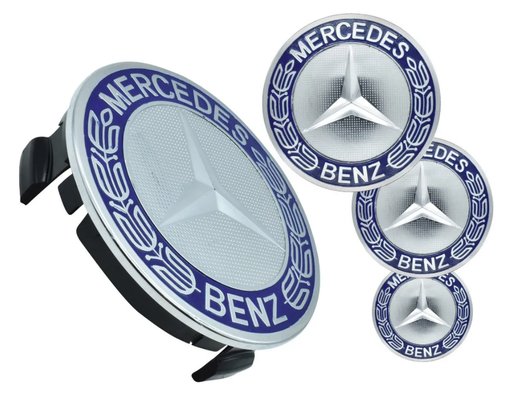 [MP-T025CRAZ-4] TAPON RIN CENTRO MERCEDES BENZ  75MM CROM/AZUL JGO 4 PZAS N2
